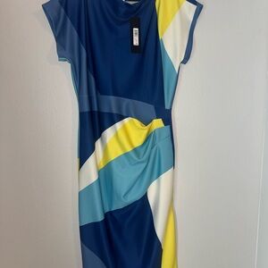 Donna Karan Blue and Yellow Geometric Midi Dress